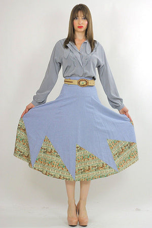 Vintage 70s Boho blue chambray patchwork maxi skirt - shabbybabe
 - 3