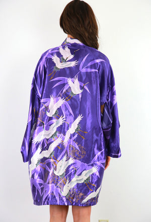 Vintage kimono jacket purple satin white crane bird print boho festival top