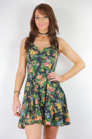 Vintage 90s grunge green floral skater dress sleeveless mini dress