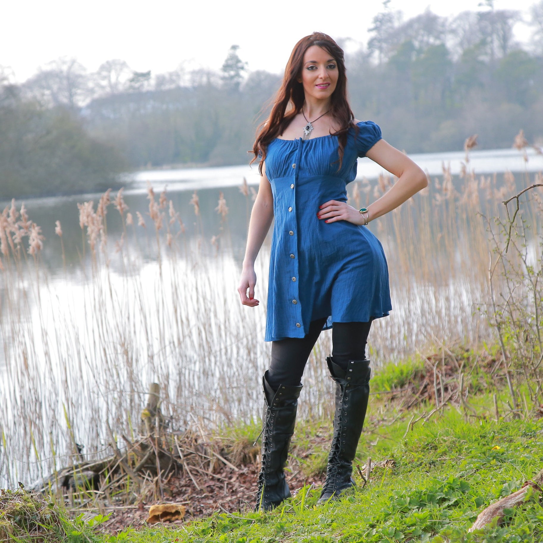 Blue Peasant Dress Button down off shoulder boho festival mini sundress M - shabbybabe Blue Peasant Dress Button down off shoulder boho festival mini sundress M - shabbybabe