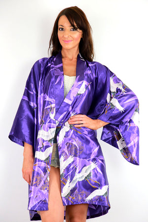 Vintage kimono jacket purple satin white crane bird print boho festival top
