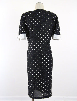 Vintage 80s black and white polka dot dress retro polkadot color block M