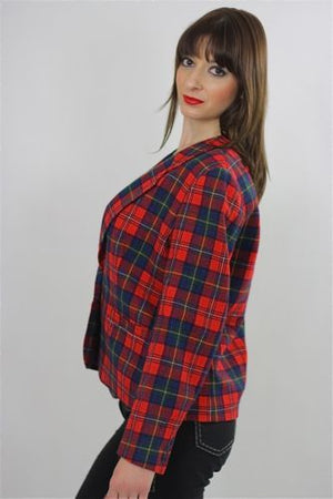 Vintage 70s Red Wool Pendelton Tartan Plaid collared Blazer Jacket Top