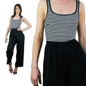 Vintage 70s nautical striped black white jumpsuit sleeveless tank high waist