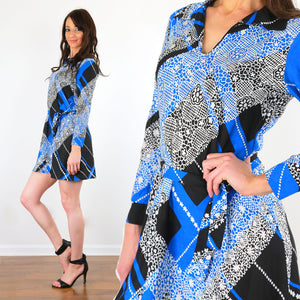 Wrap tie dress vintage 70s boho argyle mini dress black blue belted long sleeve M