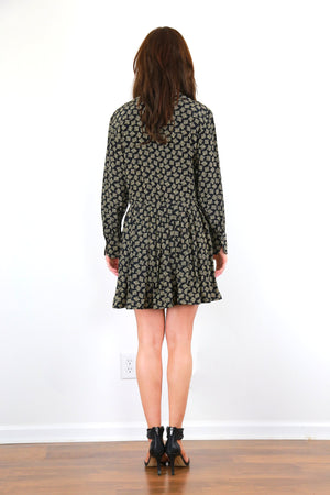 Geometric boho dress Vintage 80s mini length silk button up long sleeve full skirt loose fit M