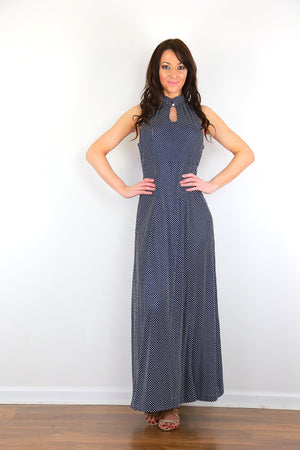 Polka dot maxi dress Genuine vintage 70s high neck navy long dress