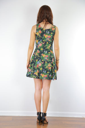 Vintage 90s grunge green floral skater dress sleeveless mini dress