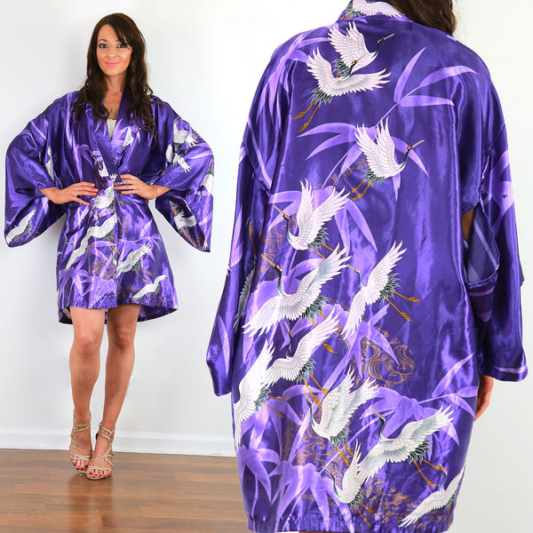 Vintage kimono jacket purple satin white crane bird print boho festival top