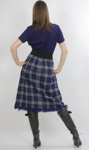 Vintage 70s preppie boho navy blue tartan plaid highwaisted midi dress