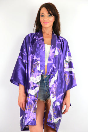 Vintage kimono jacket purple satin white crane bird print boho festival top