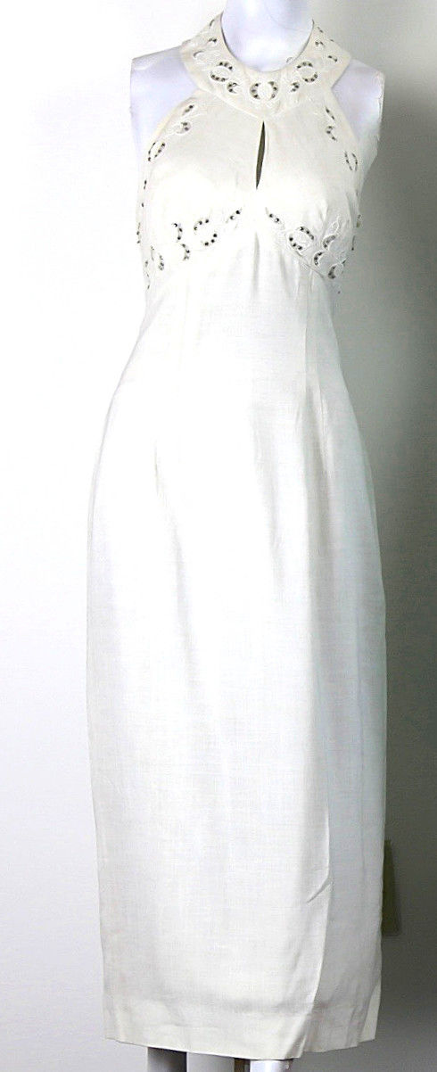 Vintage 60s 70s white halter dress rhinestone trim open back M - shabbybabe Vintage 60s 70s white halter dress rhinestone trim open back M - shabbybabe