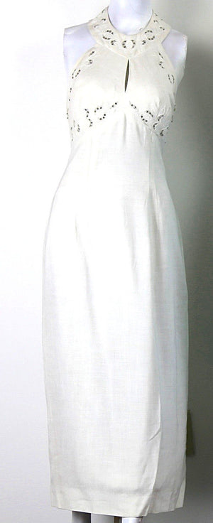 Vintage 60s 70s white halter dress rhinestone trim open back M