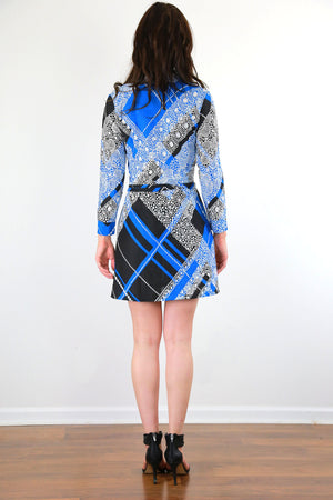 Wrap tie dress vintage 70s boho argyle mini dress black blue belted long sleeve M