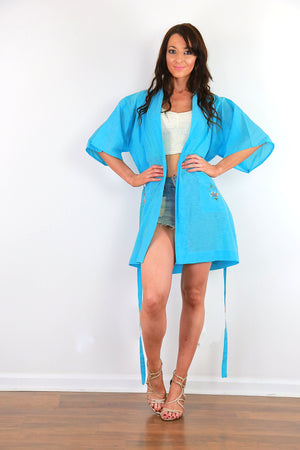 Embroidered Blue Kimono robe belted boho jacket bohemian festival coat M