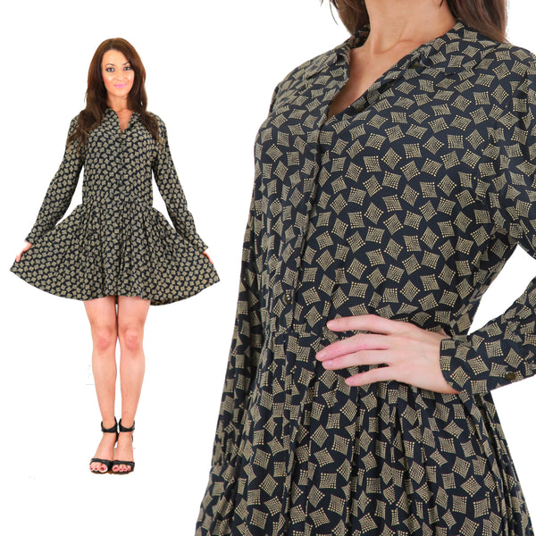 Geometric boho dress Vintage 80s mini length silk button up long sleeve full skirt loose fit M