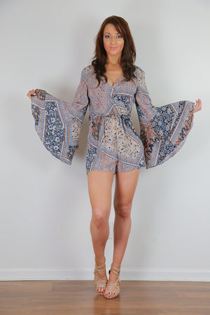 Boho hippie paisley romper Angel sleeve playsuit patchwork print V neckline S M L