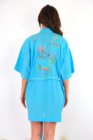 Embroidered Blue Kimono robe belted boho jacket bohemian festival coat M