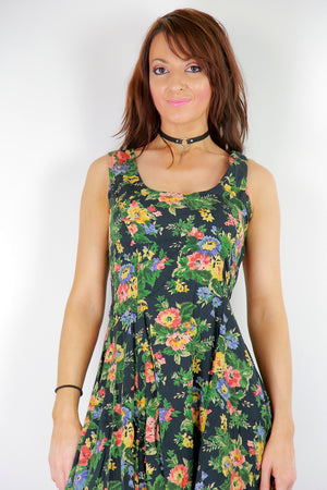 Vintage 90s grunge green floral skater dress sleeveless mini dress