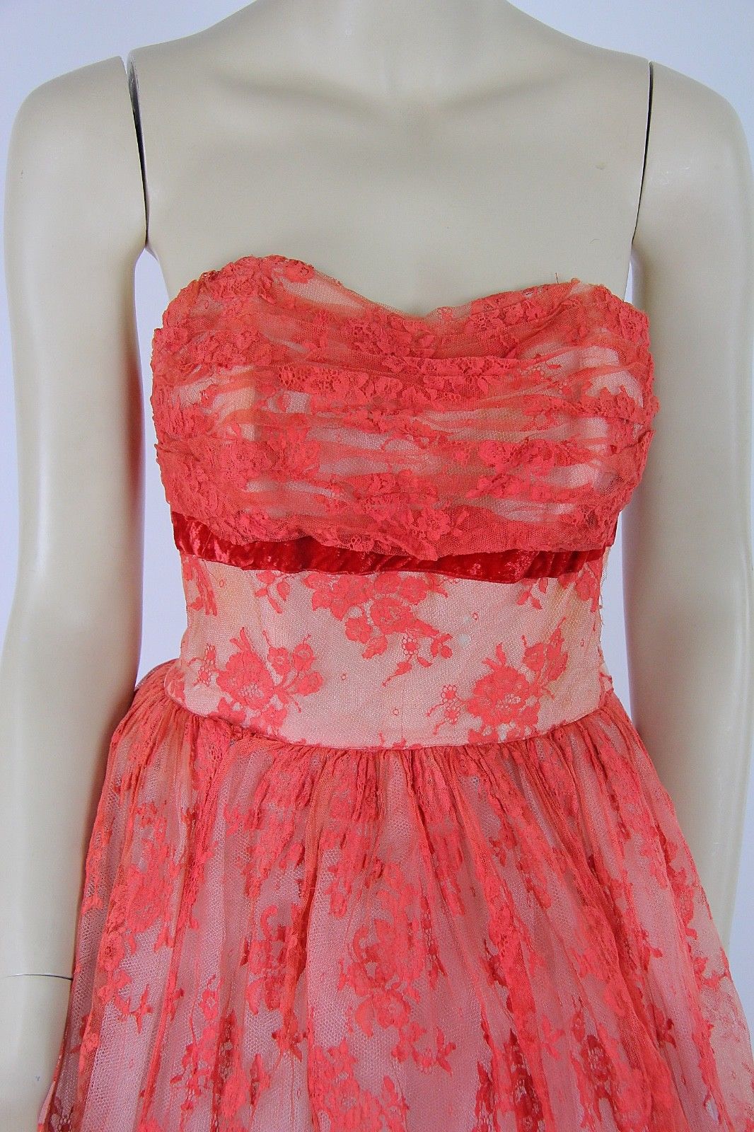 Vintage 50s Cotillion label retro coral lace cocktail party prom dress strapless - shabbybabe Vintage 50s Cotillion label retro coral lace cocktail party prom dress strapless - shabbybabe