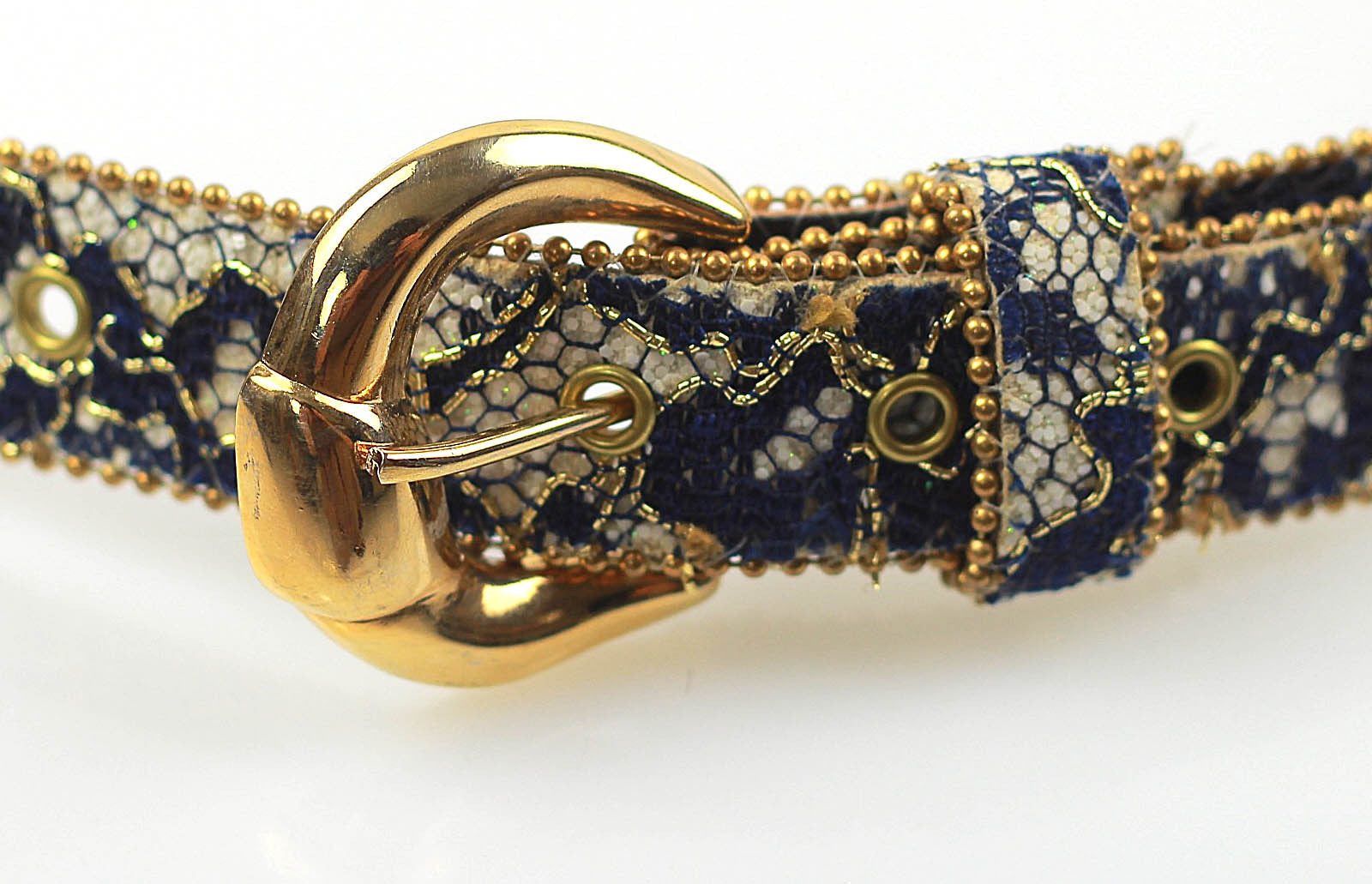 80s Blue White beaded gold metallic belt - shabbybabe 80s Blue White beaded gold metallic belt - shabbybabe