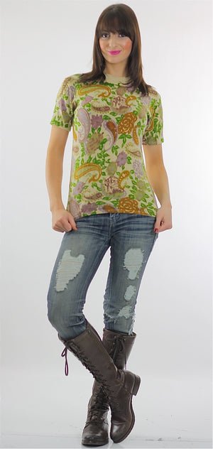 70s Boho Hippie Paisley knit Neon top shirt sweater - shabbybabe
 - 2