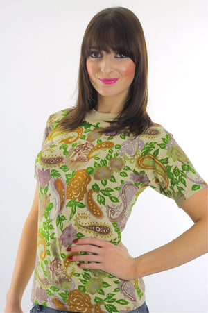 70s Boho Hippie Paisley knit Neon top shirt sweater - shabbybabe
 - 3