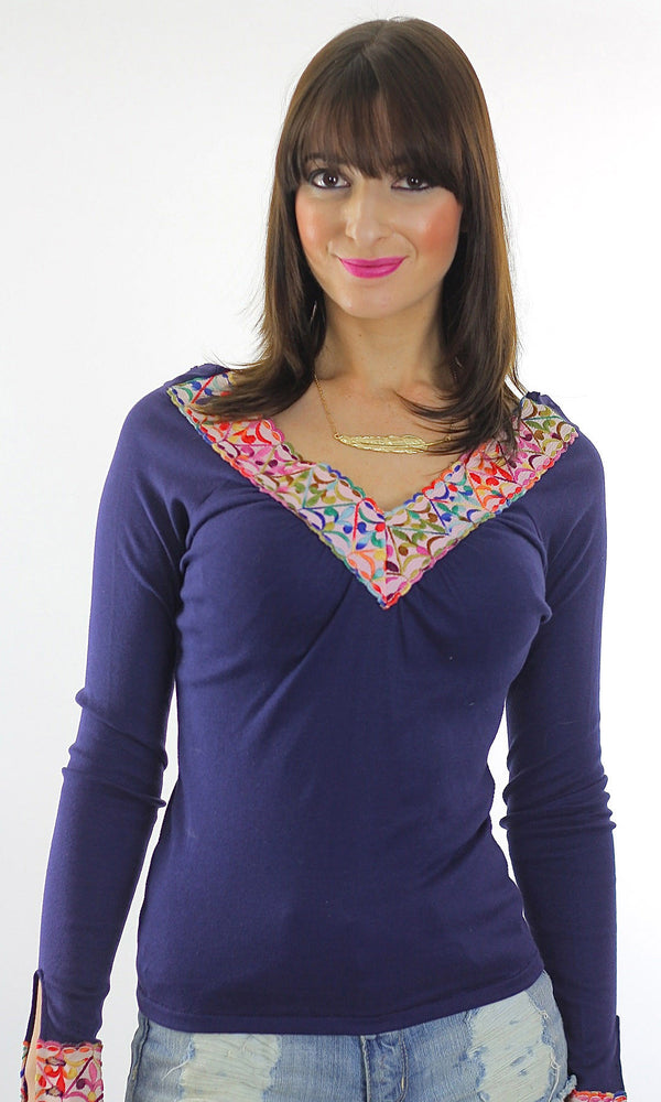 Vintage 70s Boho Hippie Embroidered Navy top shirt - shabbybabe
 - 1