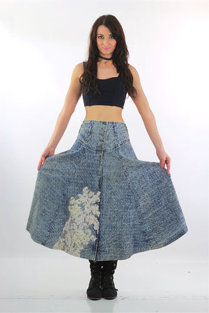 80s Acid wash skirt High waist Button up Circle skirt - shabbybabe
 - 1