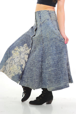 80s Acid wash skirt High waist Button up Circle skirt - shabbybabe
 - 3