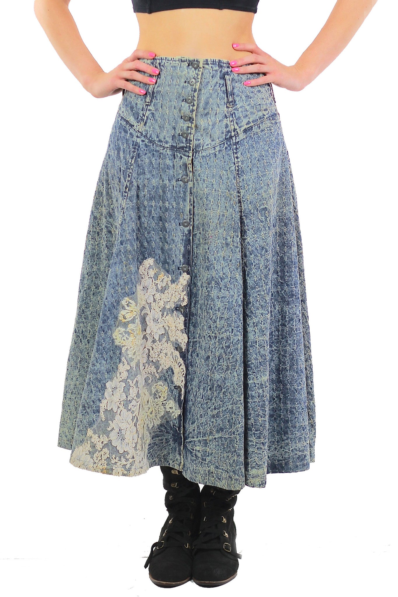 80s Acid wash skirt High waist Button up Circle skirt - shabbybabe