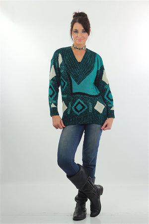 Vintage 80s Deep V Ribbed Abstract Sweater Green Black - shabbybabe
 - 2
