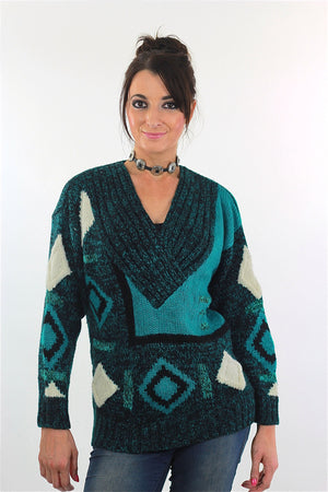 Vintage 80s Deep V Ribbed Abstract Sweater Green Black - shabbybabe
 - 3