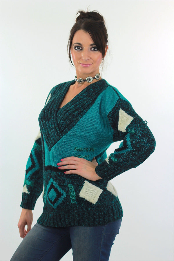 Vintage 80s Deep V Ribbed Abstract Sweater Green Black - shabbybabe
 - 1