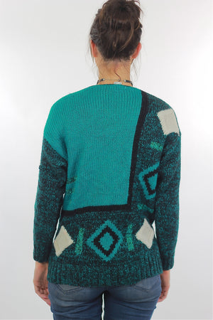 Vintage 80s Deep V Ribbed Abstract Sweater Green Black - shabbybabe
 - 4