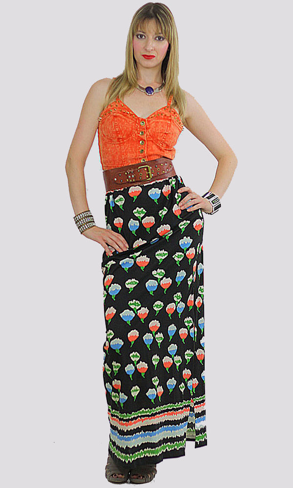 Vintage 60s Boho Hippie Floral Print Maxi Skirt - shabbybabe
 - 1