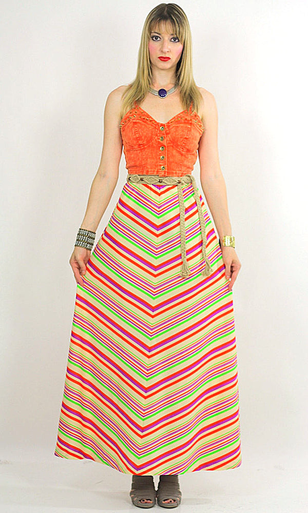 Vintage 60s Boho Hippie Chevron neon maxi skirt - shabbybabe
 - 1