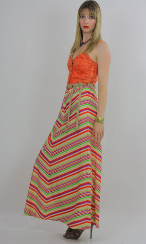 Vintage 60s Boho Hippie Chevron neon maxi skirt - shabbybabe
 - 2
