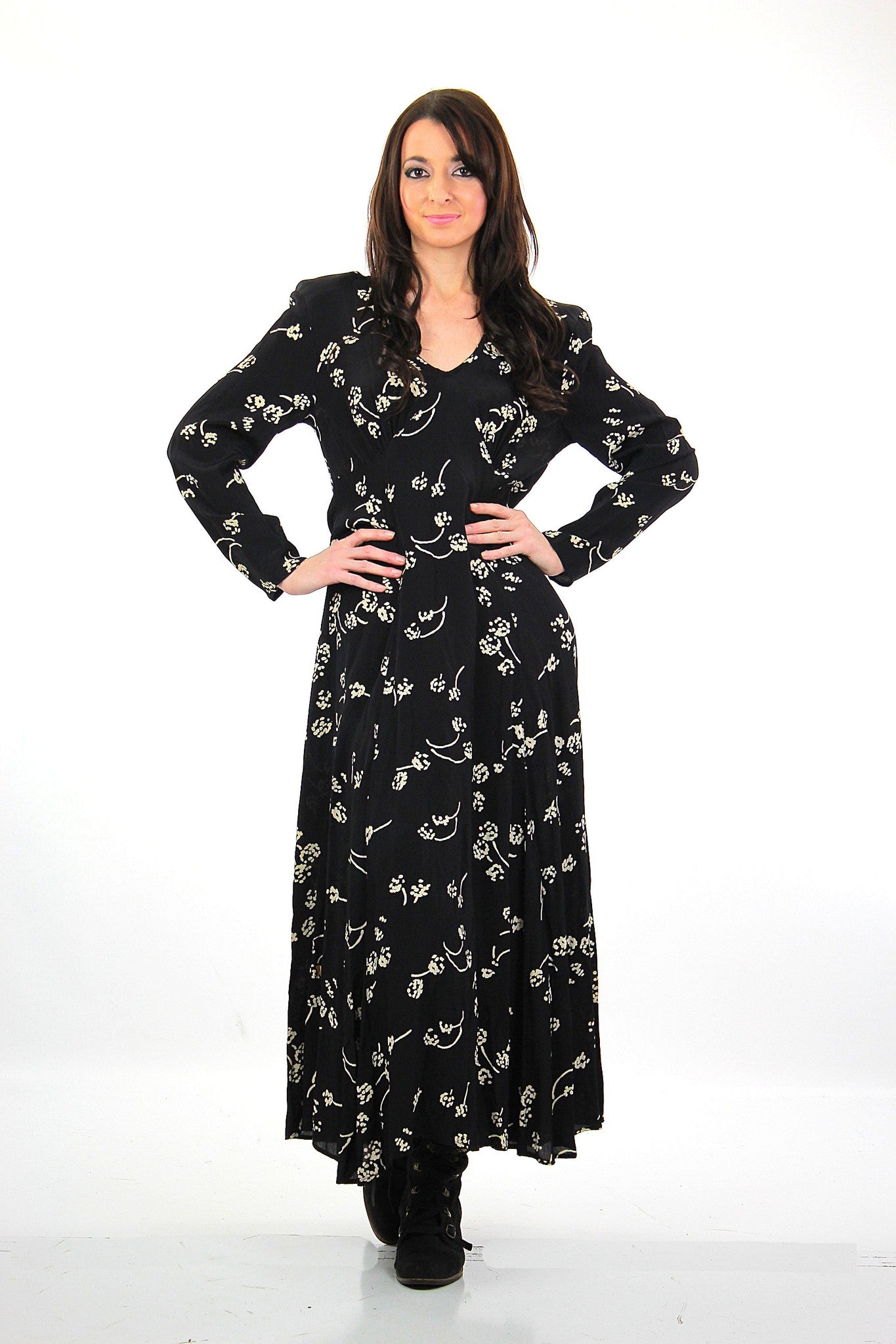 Vintage 90s grunge boho black floral goth maxi dress