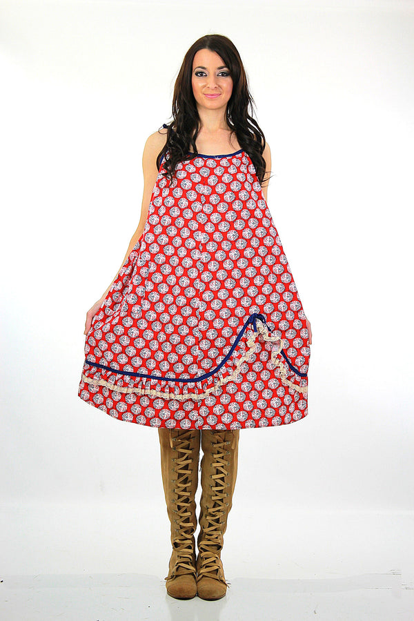 70s Boho Hippie red white blue ruffle tent dress caftan - shabbybabe
 - 1