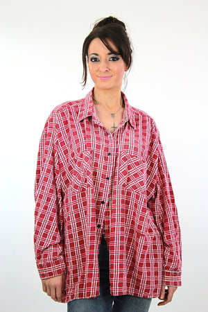 Vintage 90s grunge Red flannel shirt red white checkered oversize Large - shabbybabe
 - 1