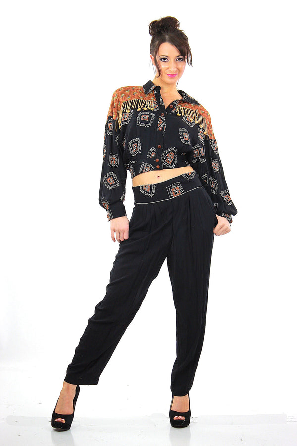 Vintage 80s patchwork crop harem pants beaded jumpsuit - shabbybabe
 - 1