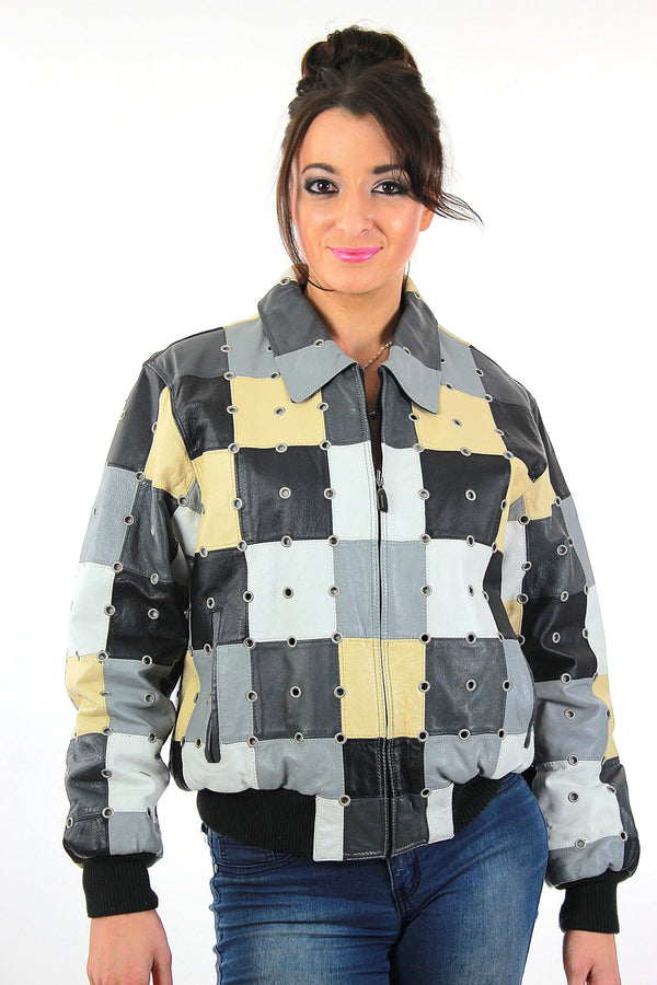 Vintage 90s Boho Patchwork studded grommet Italian leather bomber jacket coat - shabbybabe
 - 1