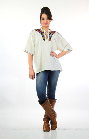 70s Mexican embroidered lace up hippie boho blouse - shabbybabe
 - 2
