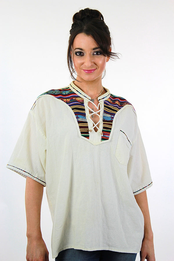 70s Mexican embroidered lace up hippie boho blouse - shabbybabe
 - 1