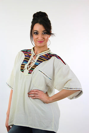 70s Mexican embroidered lace up hippie boho blouse - shabbybabe
 - 3