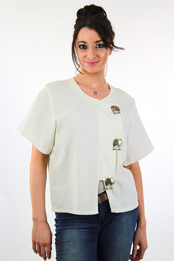 Vintage 70s sheer white elephant blouse tribal Boho XL - shabbybabe
 - 1
