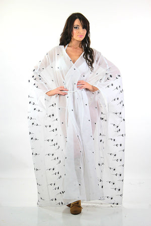 Sheer border floral white embroidered kimono dress Angel sleeve - shabbybabe
 - 3