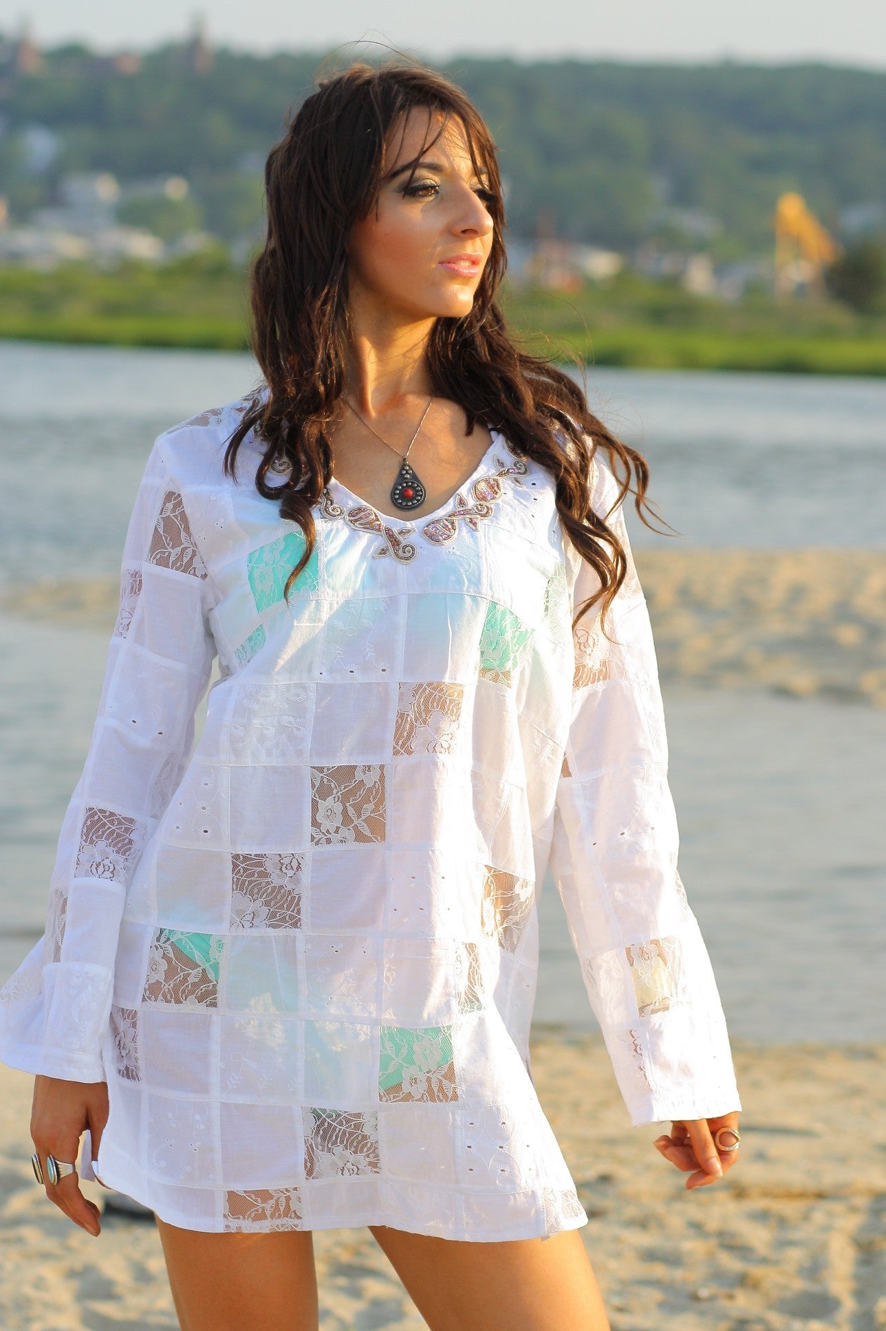 White lace patchwork angel sleeve beach cover tunic top dress - shabbybabe White lace patchwork angel sleeve beach cover tunic top dress - shabbybabe