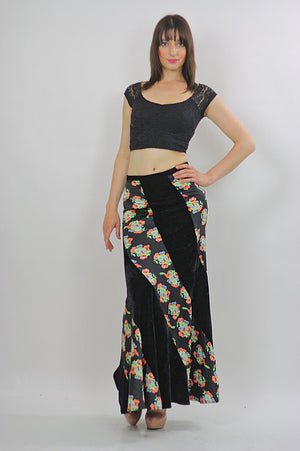 Vintage 1990s Grunge Boho Patchwork velvet maxi skirt - shabbybabe
 - 2